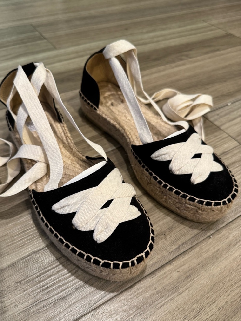 New Spanish Platform Cream Black Suede Espadrilles Size 38